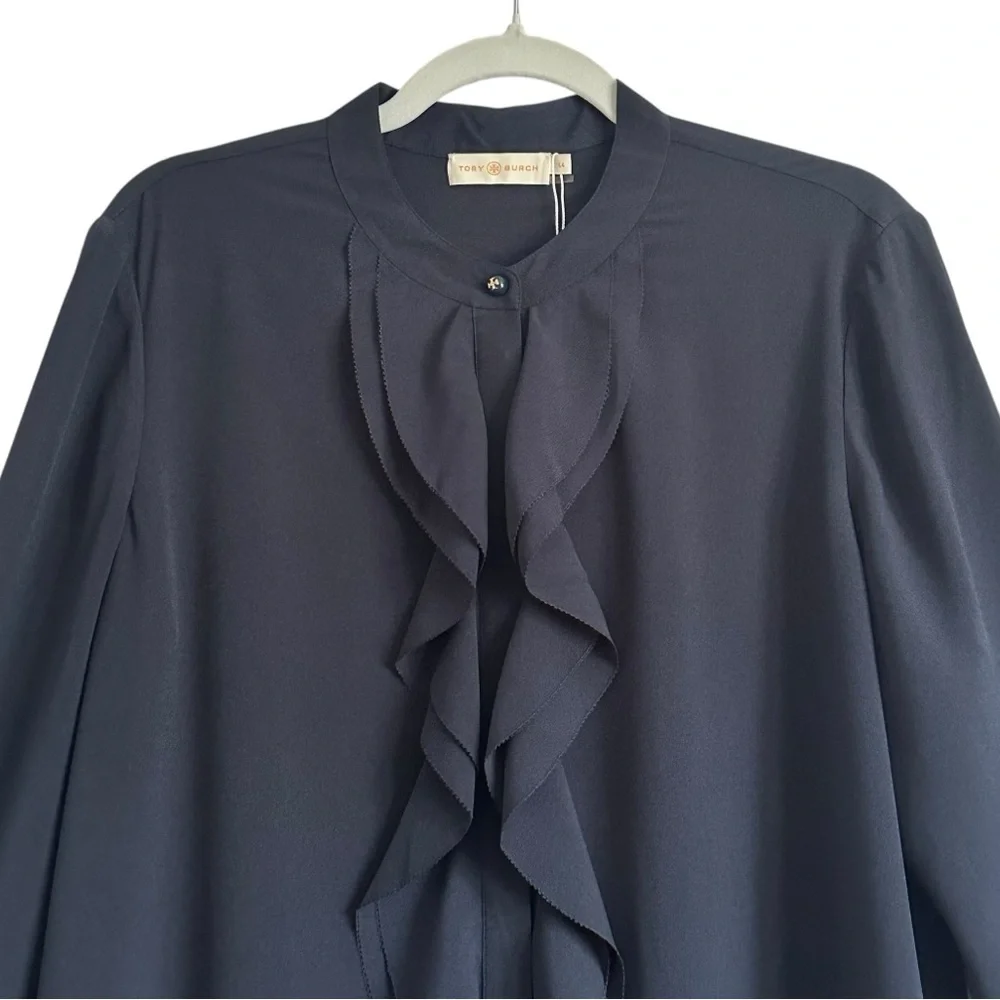 NWT TORY BURCH JANE RUFFLE NECK FLOUNCE HEM NAVY SHIFT DRESS SIZE  14